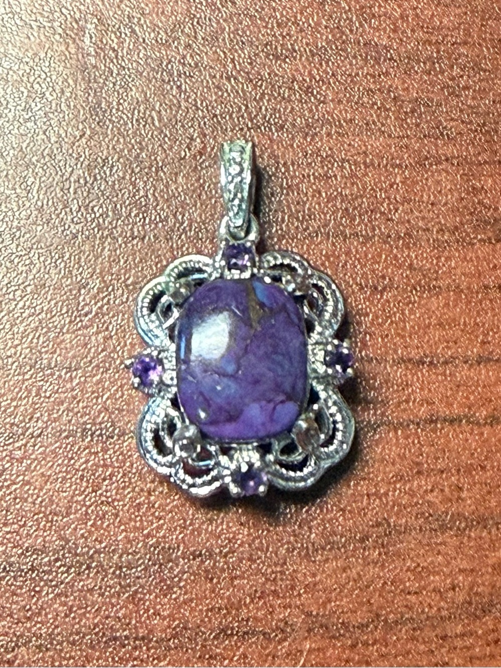 Purple Turquoise & Small Amethyst Stones in a Floral Filigree Setting- Pendant